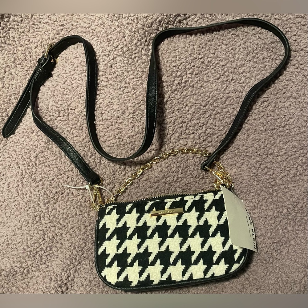 Anne Klein Hadley Crossbody purse clutch black white houndstooth tweed
